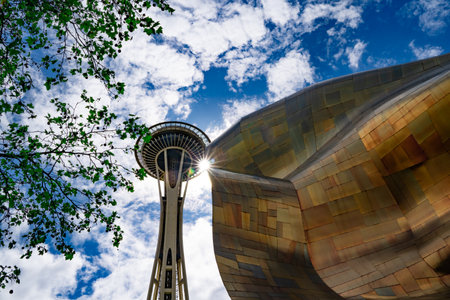 Seattle Washington view of landmark Space Needle and Museum of Pop Culture seen from Seattle Centerのeditorial素材