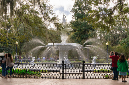 Savannah, Georgia - February 19, 2023:  View of historic Forsyth Park in Savannah with fountain and people in view.のeditorial素材