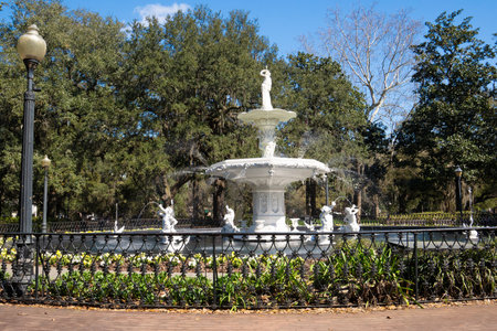 View of Forsyth Park in the historic district of Savannah Georgia on a sunny dayの写真素材