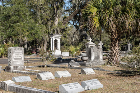 Savannah, Georgia - February 20, 2023:  View of historic Bonaventure Cemetery with graves and scenic landscape in view.のeditorial素材