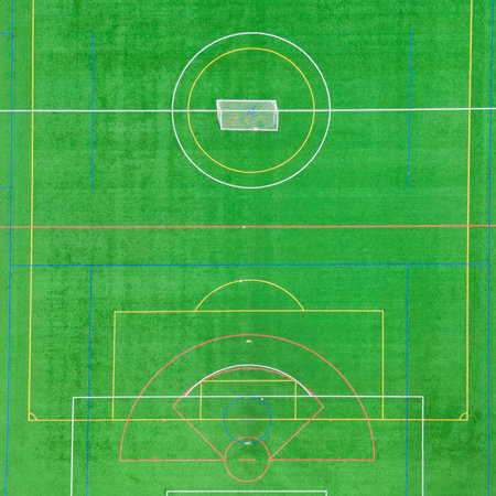 Overhead aerial view of soccer field with turf and linesの写真素材