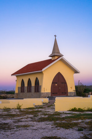 Historic Alta Vista Chapel, Noord Aruba at sunsetの写真素材