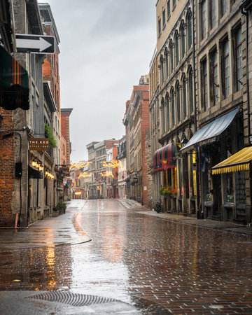 Montreal, Canada - November 6, 2022: Street scene from the historic Old Montreal district on a rainy day.のeditorial素材