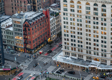 New York City, New York - October 12, 2023: Street scene from Midtown Manhattan, NY seen from overhead showing cars, people and buildingsのeditorial素材
