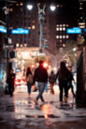 Defocused blur of New York City street scene at nightの写真素材