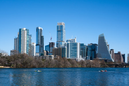 Austin Texas skyline at sunset with modern downtown buildings.