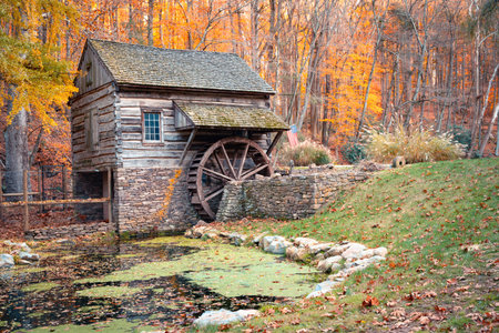 Cuttalossa barn mill in Bucks County Pennsylvania with colorful fall foliage.の写真素材