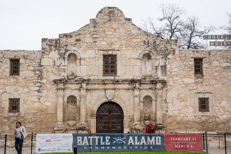 San Antonio, Texas - Feb, 21, 2024: Exterior view of historic Alamo in San Antonio Texasの写真素材