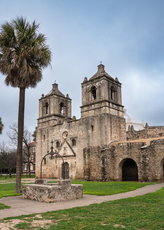 Exterior view of historic Mission Conception in San Antonio Texasの写真素材