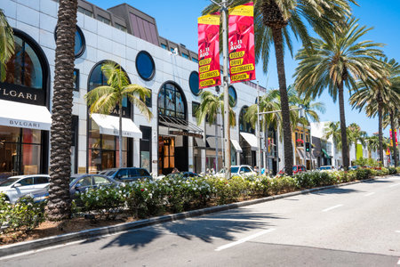 Beverly Hills, California - June 29, 2024:  Street scene on Rodeo Drive in Beverly Hills California with people and stores.のeditorial素材