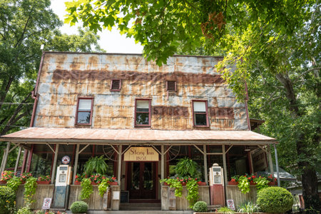 Story, Indiana - July 26, 2024:  View of historic downtown in Story Indiana with old architecture and signs.のeditorial素材