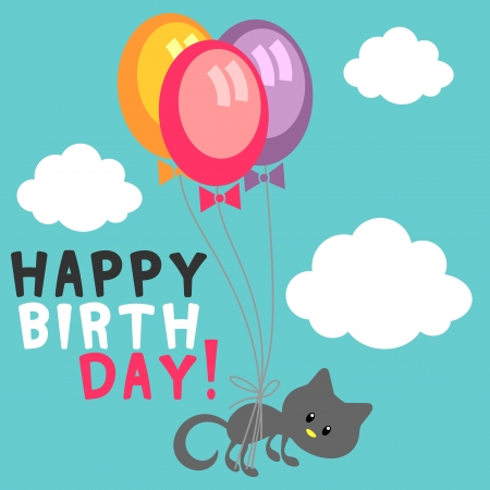 Birthday card cute kitty with balloons in the skyのイラスト素材