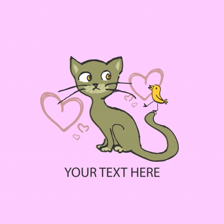 Beautiful card with cute kitty and birdのイラスト素材