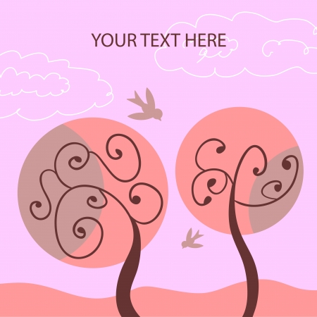 Beautiful pink vector card with trees and birdsのイラスト素材