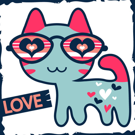 Romantic illustration of cute kitty in glassesのイラスト素材