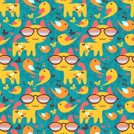 Cute colorful seamless background with cats and birdsのイラスト素材