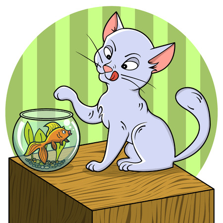 Cute cartoon cat looking at fish in a bowlのイラスト素材