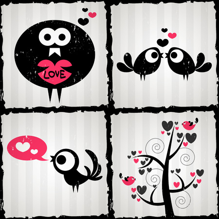 Set of four romantic illustrations with cute birdsのイラスト素材