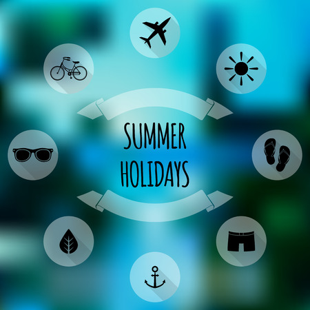 Summer holidays flat icons on blurred backgroundのイラスト素材