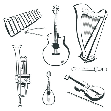 Set of vector musical instruments  acoustic guitar, harp, mandolin, xylophone, trumpet, flute, violinのイラスト素材