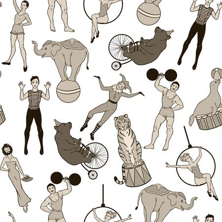 Seamless pattern vintage circus theme, performers and animalsのイラスト素材