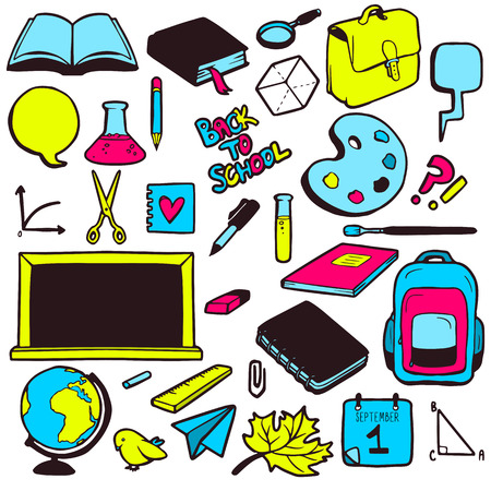 Set of various school elements, colorful hand drawn collection of objectsのイラスト素材