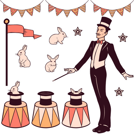 Set of magic performance elements, the magician, cylinder, white rabbits and decorationsのイラスト素材