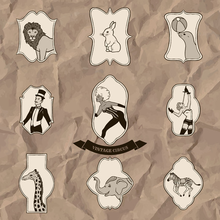 Set Of Vintage Circus Characters In Decorative Frames Sepiaのイラスト素材 イメージマート