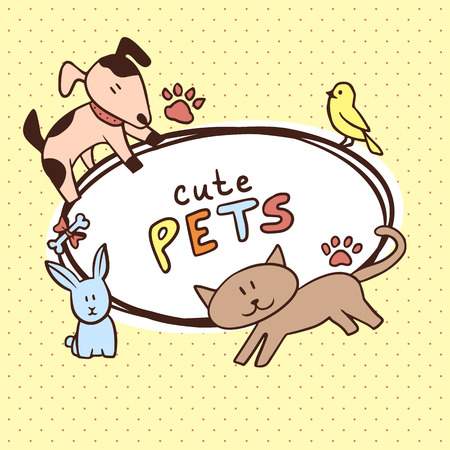 Banner with cute pets: dog, cat, rabbit, birdのイラスト素材