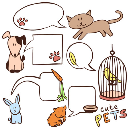 Set of cute hand drawn pets and speech bubblesのイラスト素材