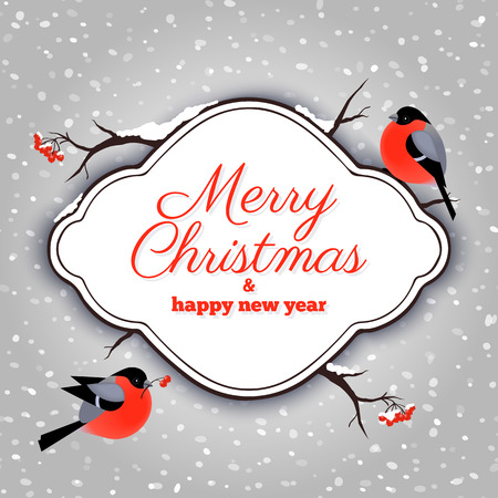 Christmas card with cute bullfinches and rowanberriesのイラスト素材