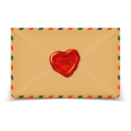 Old retro vector envelope with wax seal in heart shape, love letter illustrationのイラスト素材