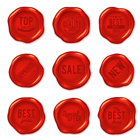 Set of vector red wax seals isolated on white. Premium quality, best choice, special offer, new, best priceのイラスト素材