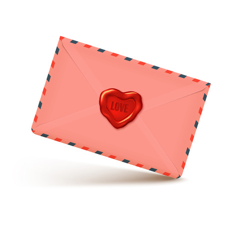 Pink realistic envelope with wax seal in heart shape, love letter illustrationのイラスト素材