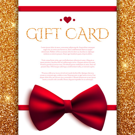 Gift card with red bow on golden glitter background. Vector illustrationのイラスト素材