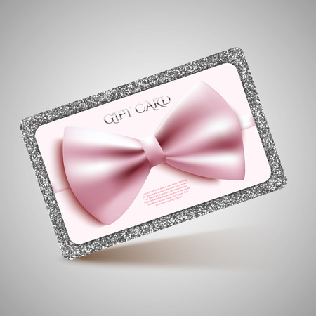 Gift card with bow and silver glitter. Vector illustration. Voucher, certificateのイラスト素材