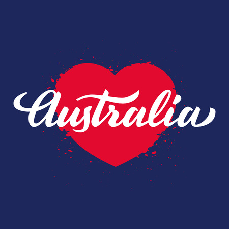\'Australia\' handwritten text on red heart, brush pen lettering, t-shit, poster, vector illustrationのイラスト素材