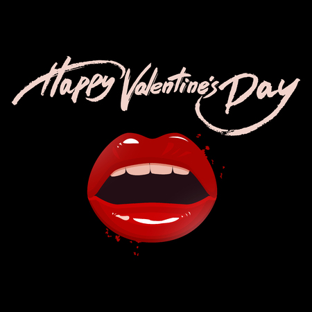 Valentine's day greeting card, red lips and brush pen lettering, vector illustrationのイラスト素材
