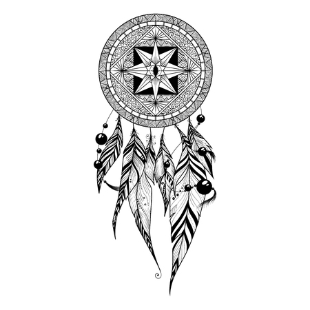 Dream catcher with feathers, ethnic design, vector illustration isolated on whiteのイラスト素材