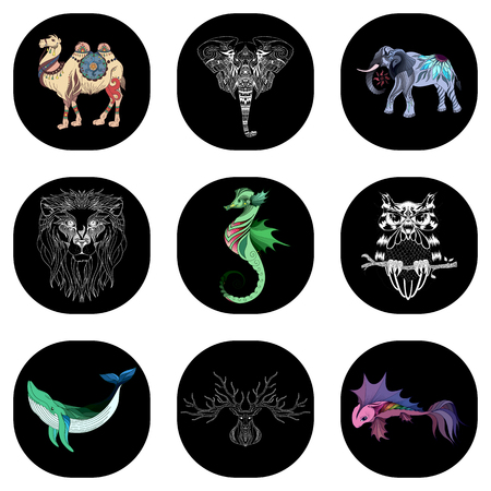 Vector set of wild animals illustrations, camel, elephant, lion, sea horse, owl, bird, whale, deer, fishのイラスト素材