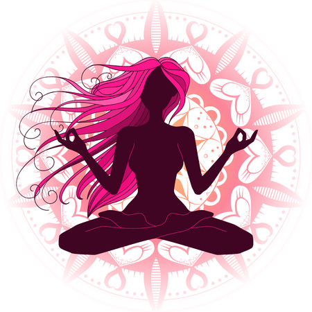Beautiful woman silhouette meditating, doing yoga, graphic vector illustration designのイラスト素材