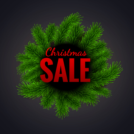 Merry Christmas Sale discount vector illustration with green fir tree branches frameのイラスト素材