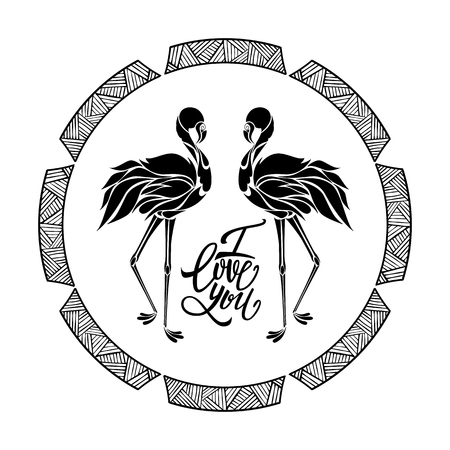 Two pink flamingos in love, logo, decorative silhouette, vector illustrationのイラスト素材