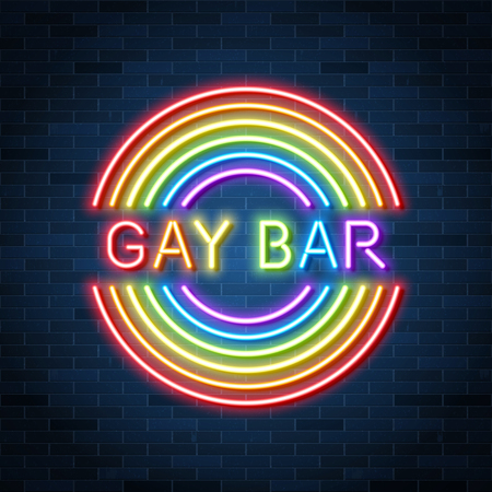 Gay bar neon advertisement, rainbow glowing text, vector illustration designのイラスト素材