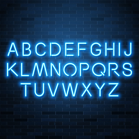 Neon blue vector alphabet, set of realistic fluorescent glowing lettersのイラスト素材
