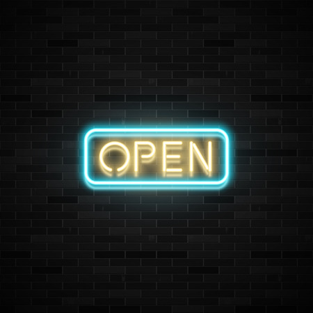 Open sign neon text, advertisement. Vector illustration designのイラスト素材