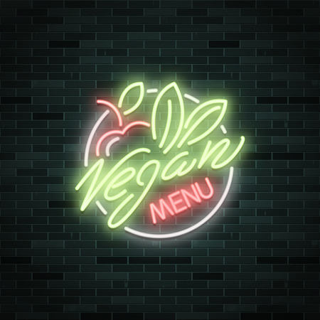 Vegan food menu restaurant advertisement, logo, icon, neon glowing text. Vector illustrationのイラスト素材