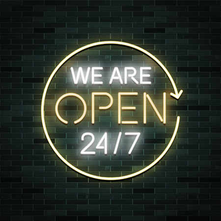 We are open 24/7 neon glowing sign, vector illustration