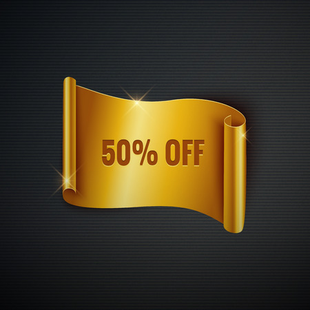 '50% off' text on red ribbon, half price, banner, advertising, shop, vector illustrationのイラスト素材
