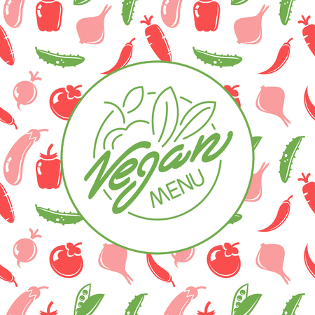 Vegan food menu restaurant advertisement, logo on seamless vegetable pattern, vector illustrationのイラスト素材